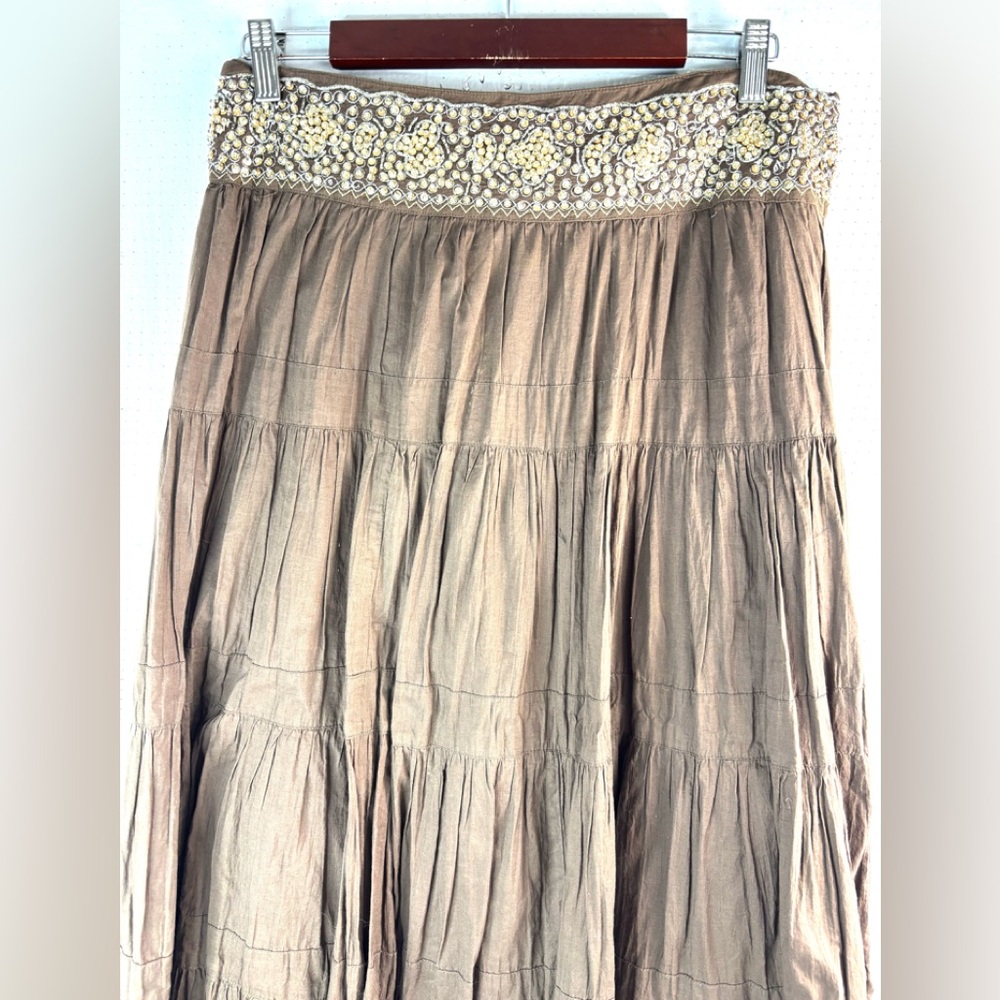 BCBGMaxAzria S Cotton Tiered Brown Embellished Beaded Waist Midi Skirt - Picture 4 of 12